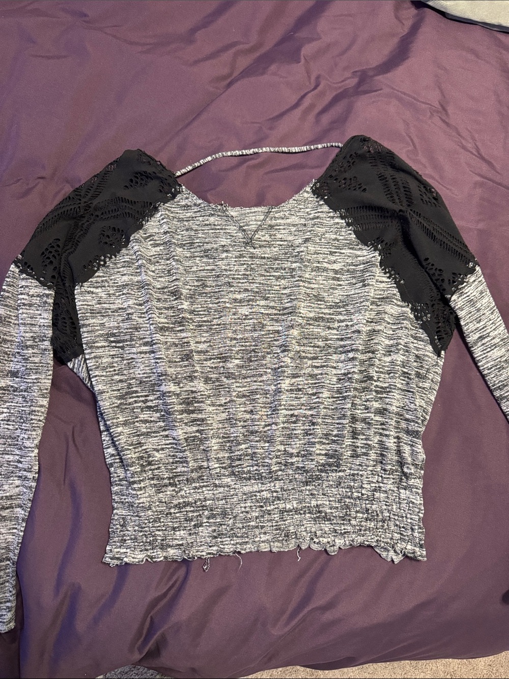 Grey Marled Top with Black Lace Shoulder Detail we the free M